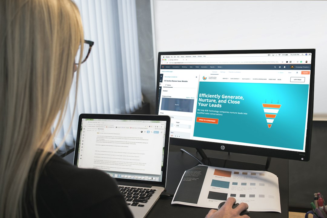 Business owner comparing web design, web development, and digital marketing options on a laptop with website mockups, code, and analytics visuals side by side