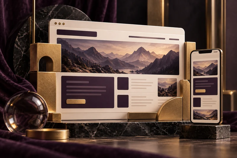 Custom website and mobile design crafted from ivory and gold components