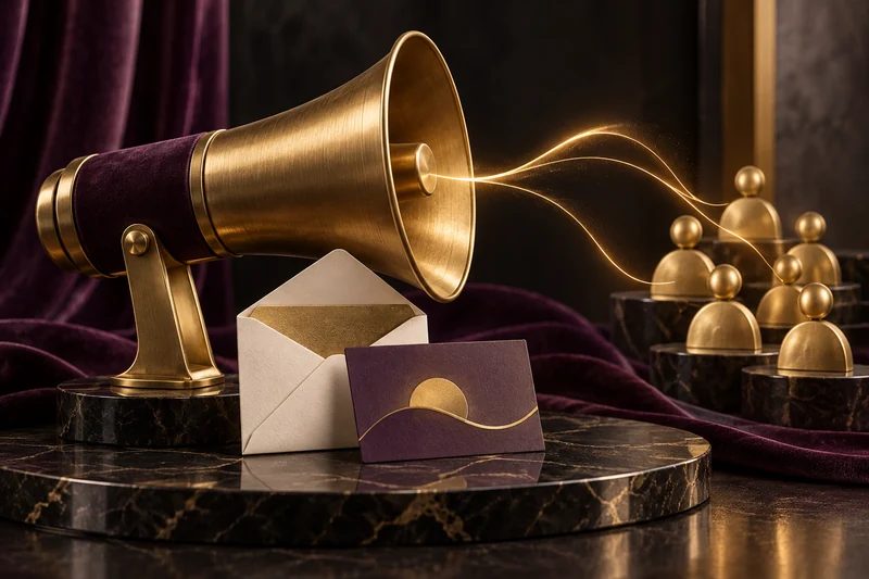 Gold megaphone and campaign materials connecting with an audience