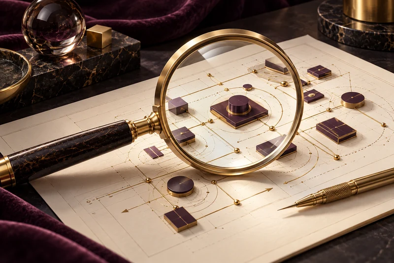 Gold lens examining a detailed technology blueprint