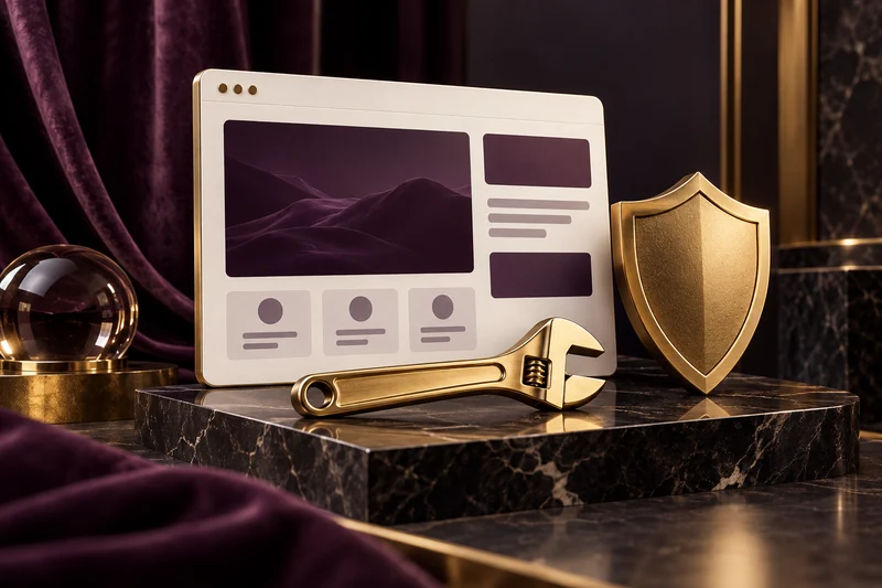 Website protected by a gold shield with a precision maintenance tool