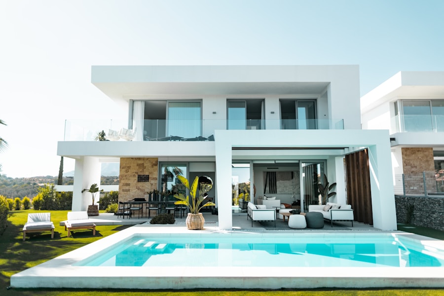 Modern home at sunset
