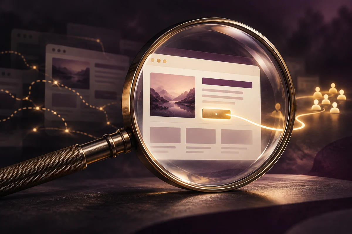 A gold-rimmed lens brings a website into focus, revealing a clear path from its contact button to potential customers.